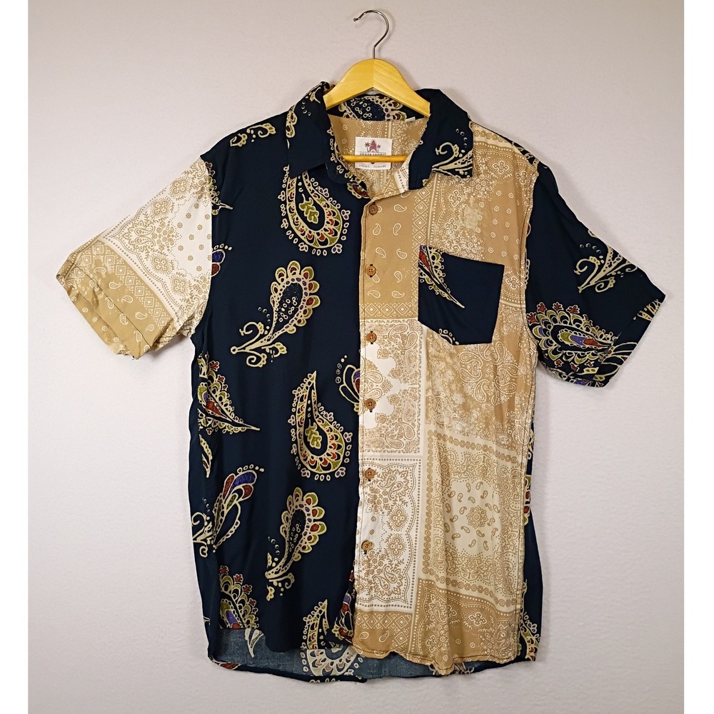Boho Patchwork Urban Shores Mens L Navy Tan Paisley Bandana Viscose Shirt